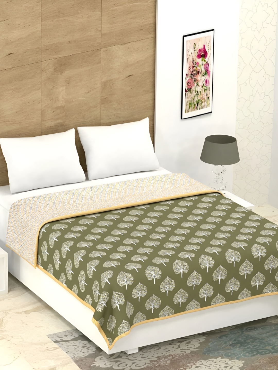 

Comfowell Olive Green & White Floral Cotton AC Room 150 GSM Double Bed Dohar