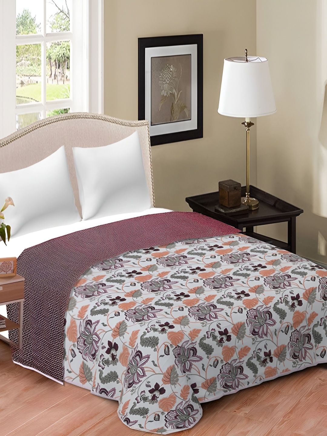 

Comfowell Maroon & White Floral Cotton AC Room 110 GSM Double Bed Dohar