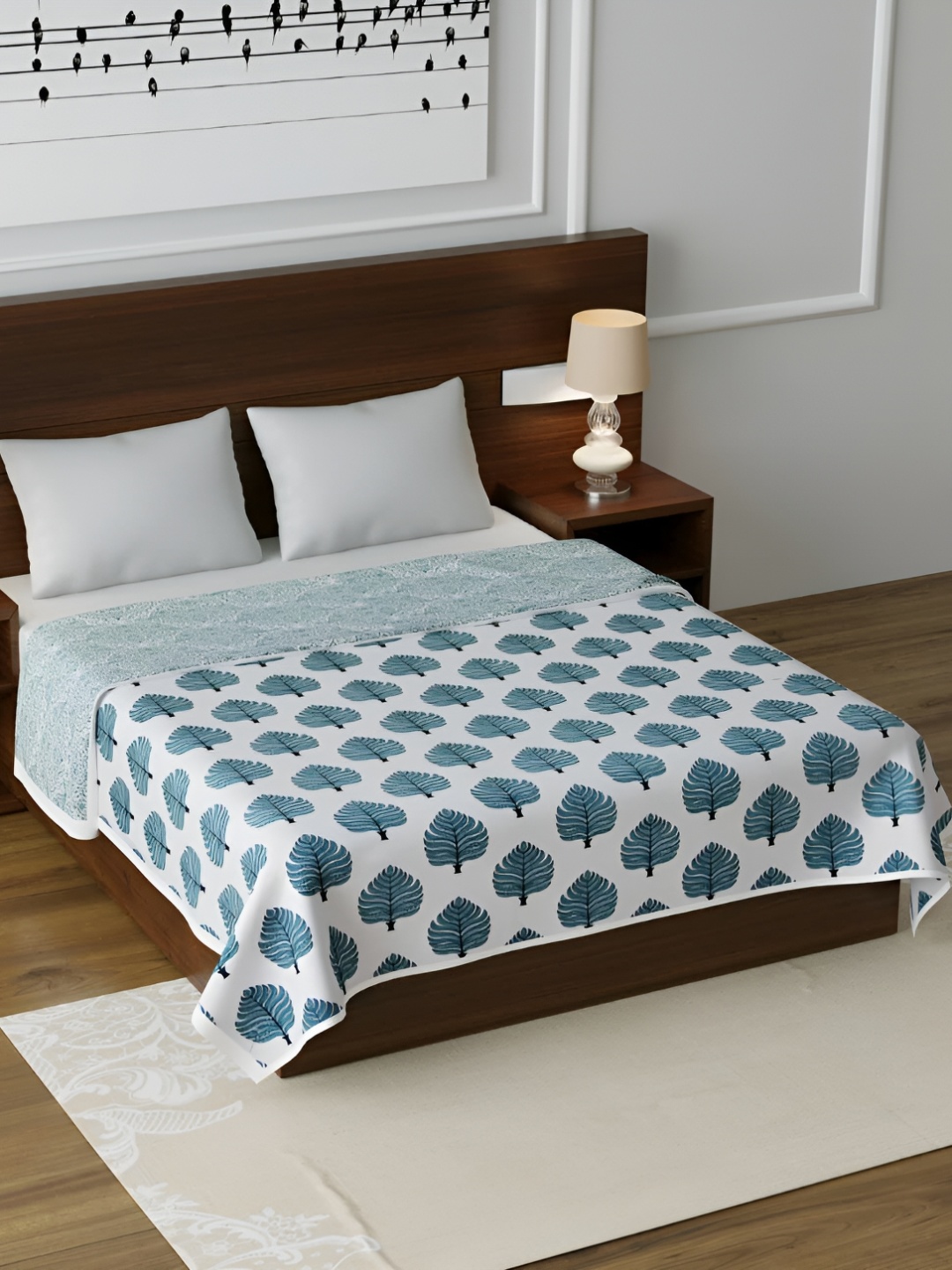 

Comfowell White & Green Floral AC Room 150 GSM Double Bed Dohar