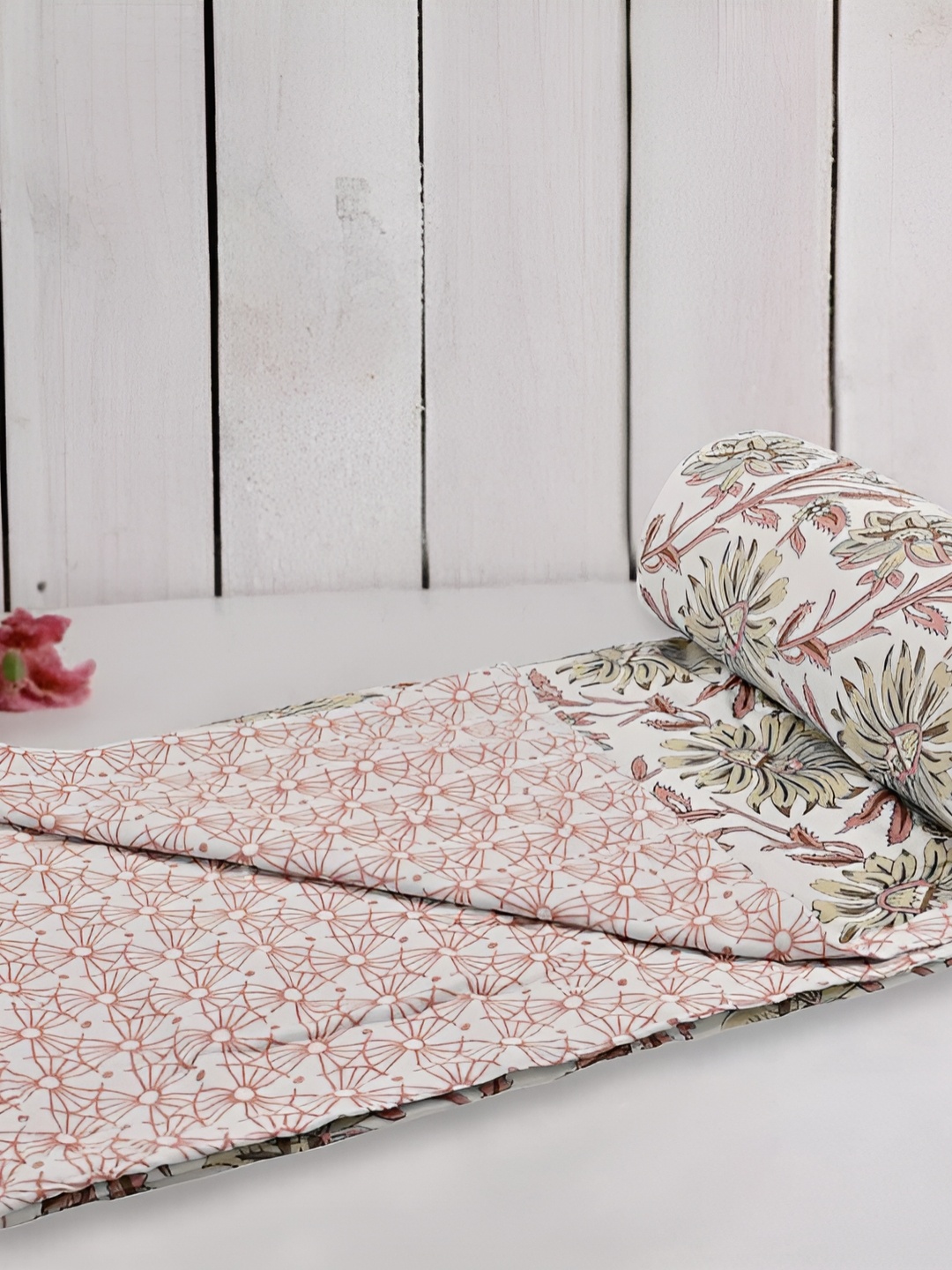 

Comfowell Beige & Pink Floral Cotton AC Room 110 GSM Double Bed Dohar