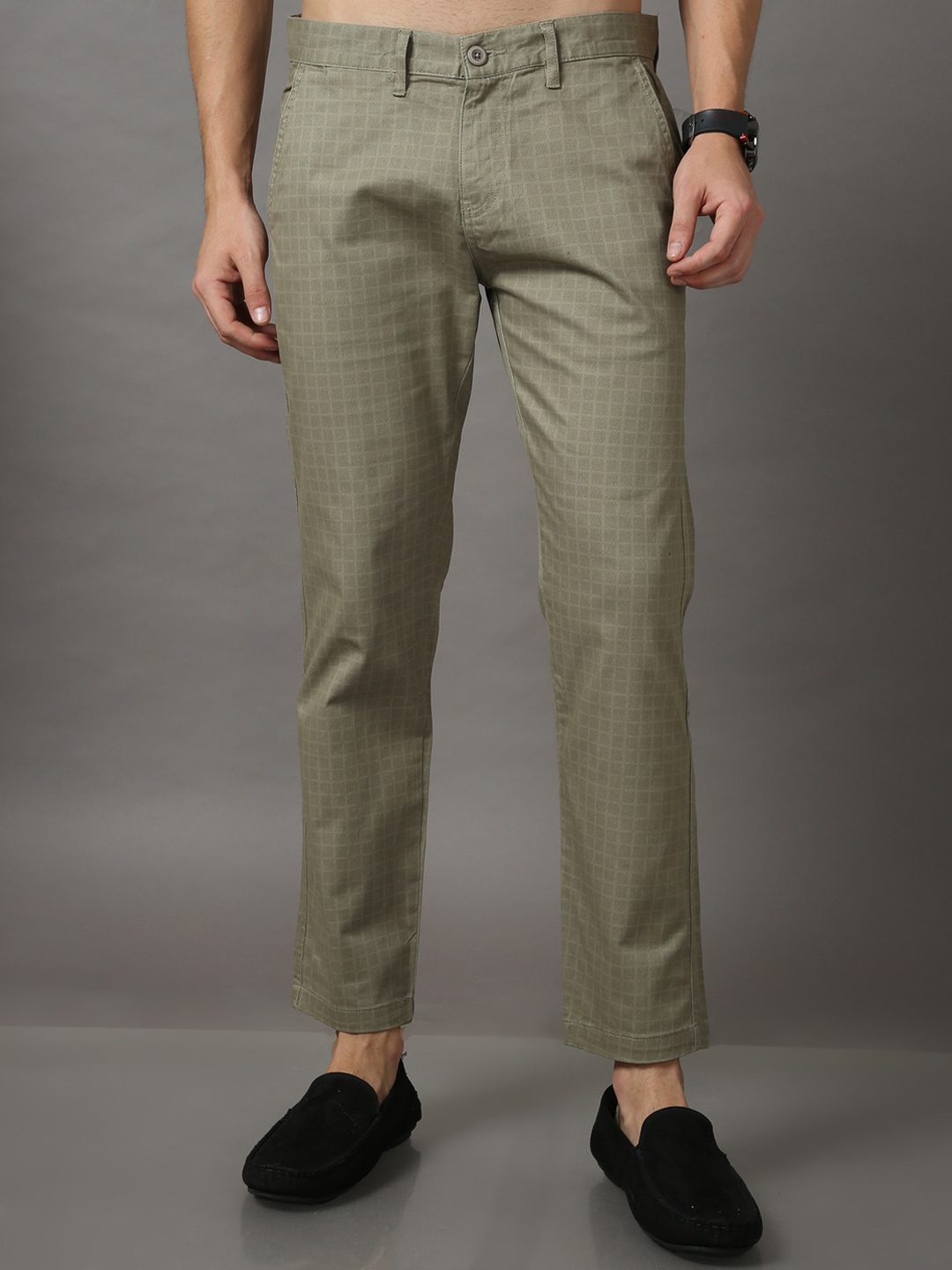 

Dogi Verg Men Checked Slim Fit Chinos Trousers, Olive