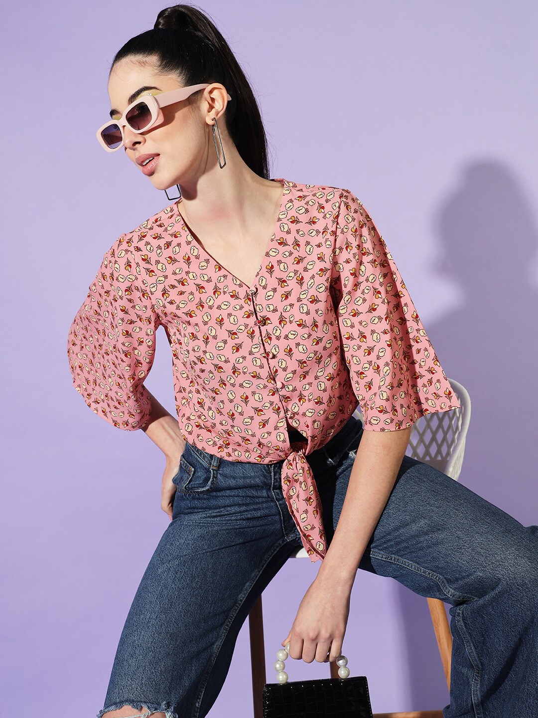 

Slenor V-Neck Flared Sleeves Floral Print Crepe Wrap Top, Peach