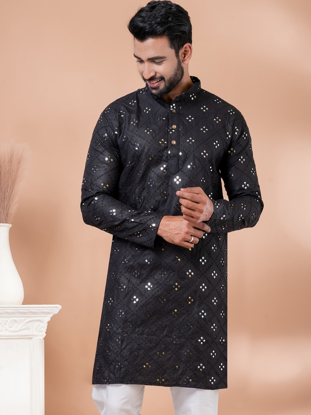 

Angroop Ethnic Motifs Embroidered Band Collar Mirror Work Pure Cotton Straight Kurta, Black