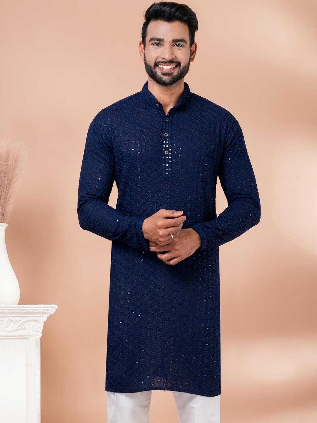 

Angroop Ethnic Motifs Embroidered Band Collar Sequined Pure Cotton Straight Kurta, Navy blue