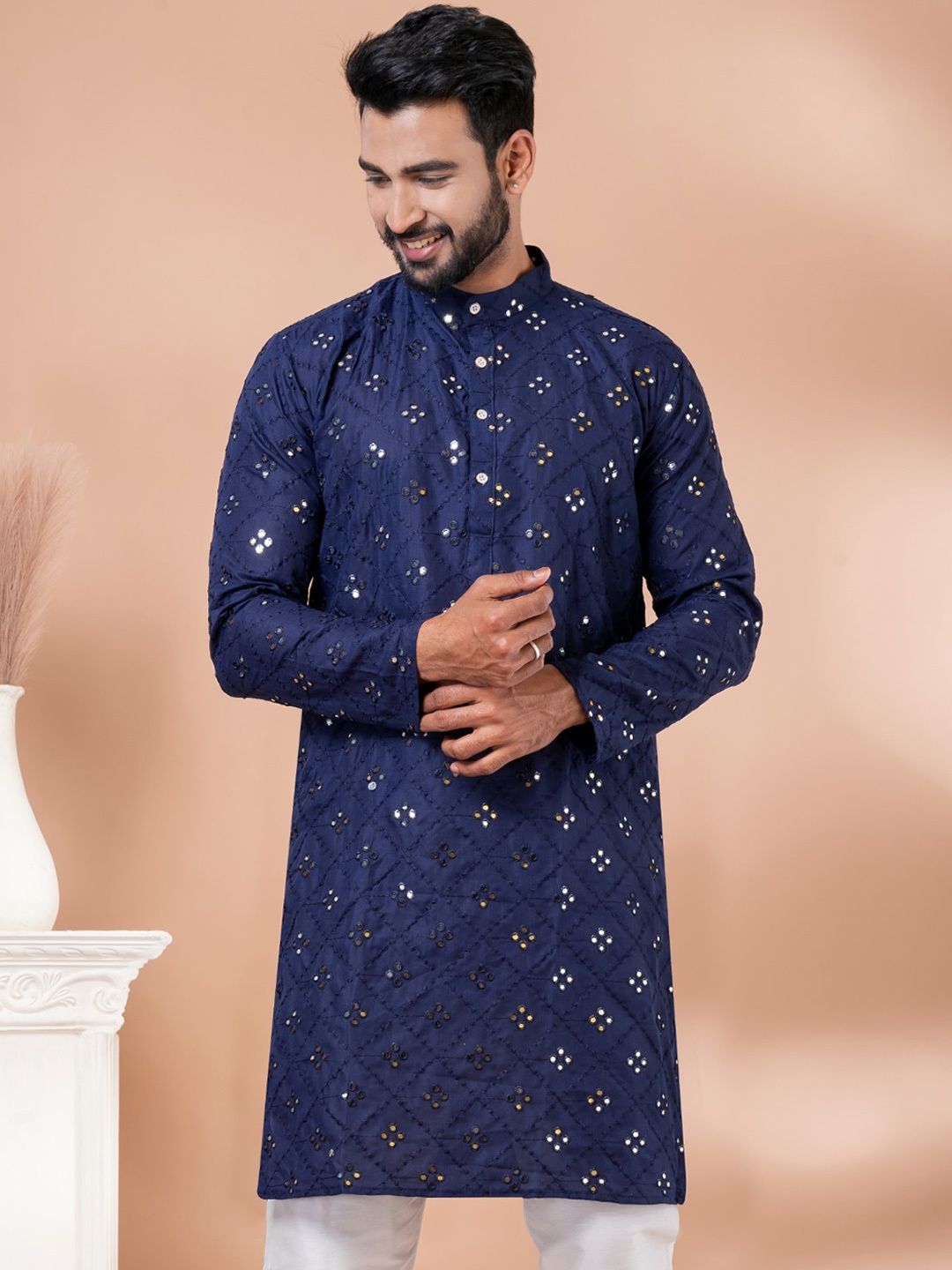 

Angroop Ethnic Motifs Embroidered Band Collar Mirror Work Pure Cotton Straight Kurta, Navy blue