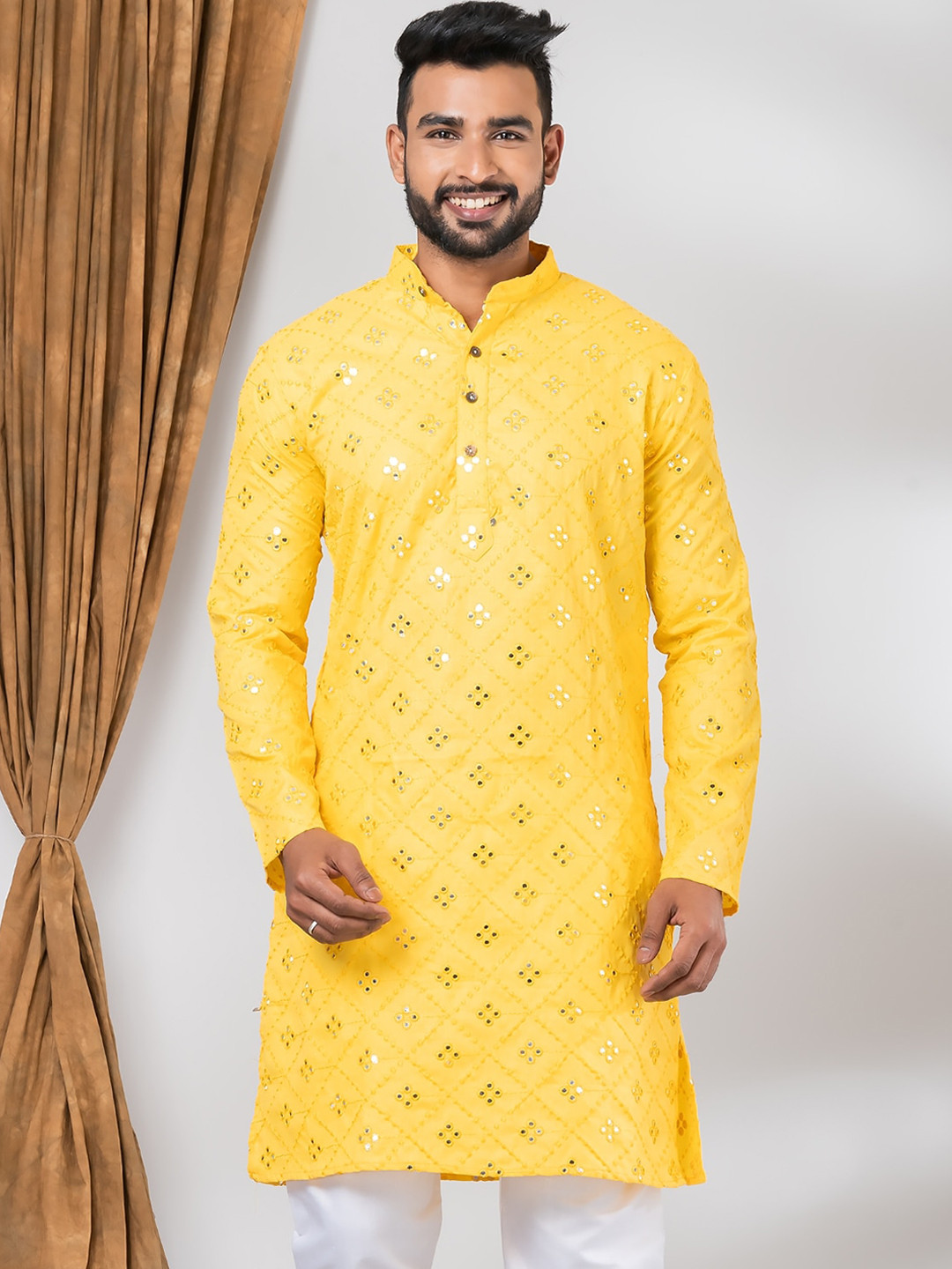 

Angroop Ethnic Motifs Embroidered Band Collar Mirror Work Pure Cotton Straight Kurta, Yellow