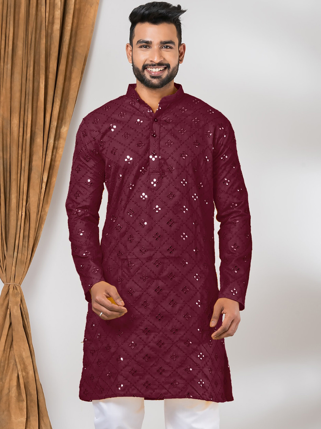 

Angroop Ethnic Motifs Embroidered Band Collar Mirror Work Pure Cotton Straight Kurta, Magenta