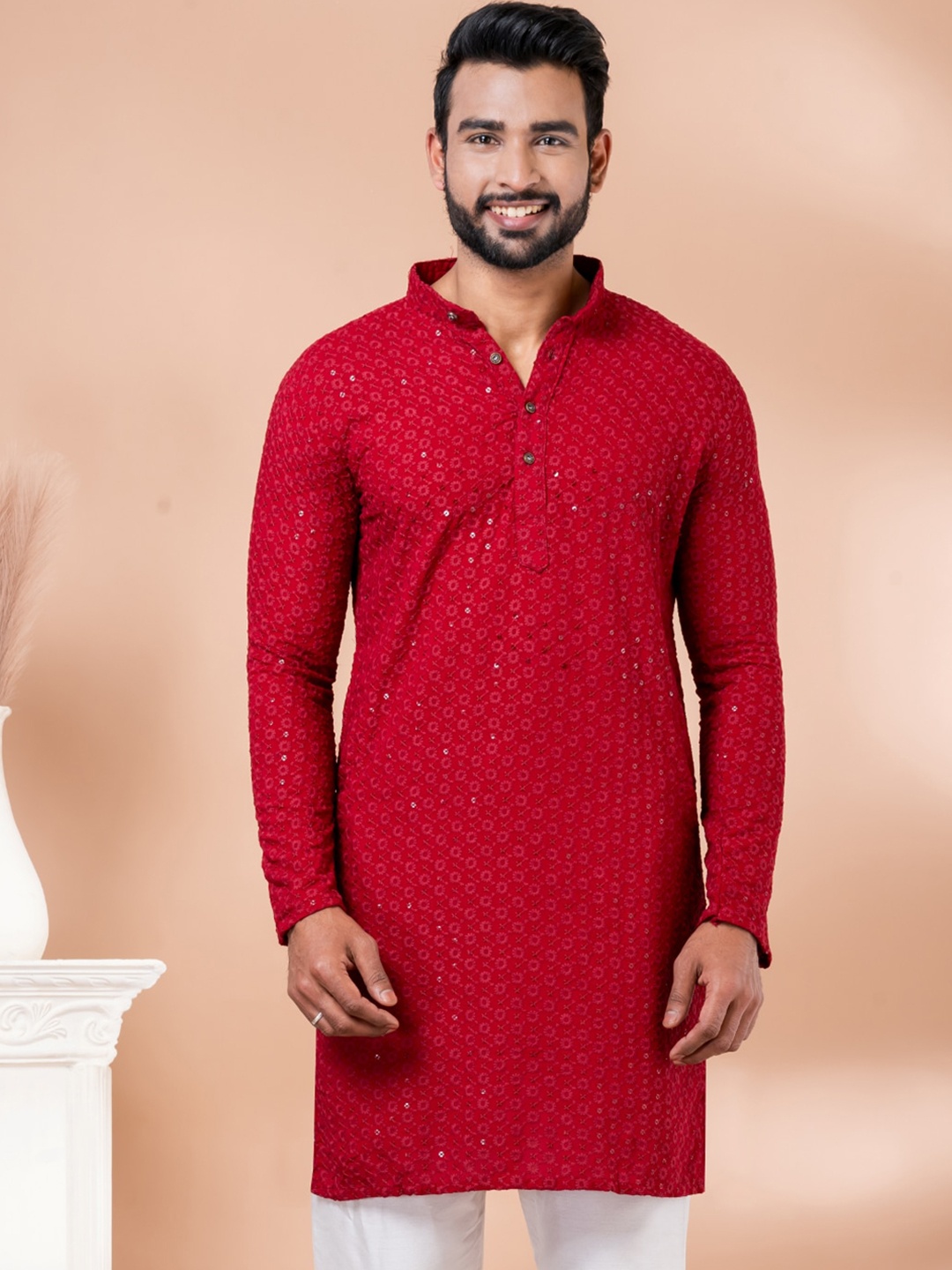 

Angroop Embroidered Sequined Straight Kurta, Red