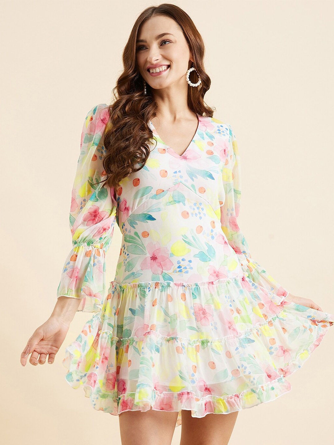 

PANIT White Floral Printed Bell Sleeve Georgette Drop-Waist Dress