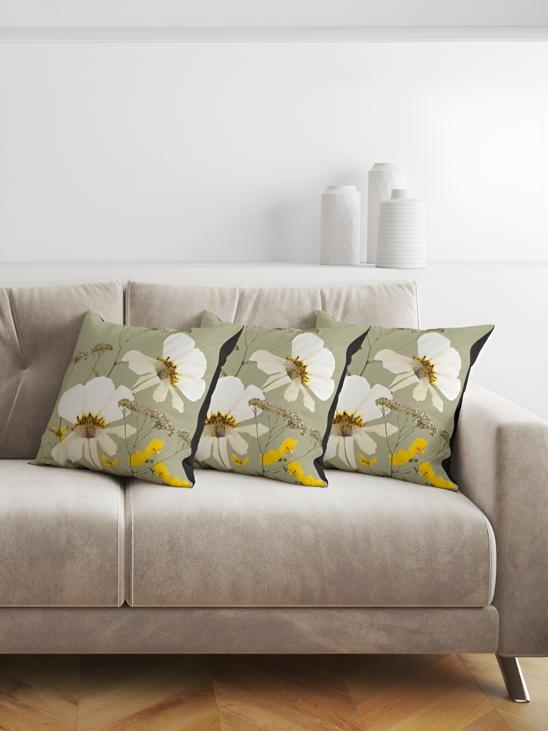 

ANS Green & White 3Pcs Floral Square Cushion Covers
