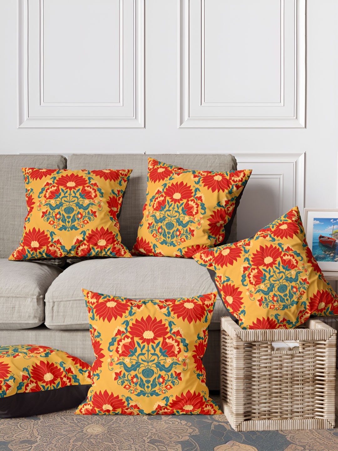 

ANS Mustard & Red 5Pcs Ethnic Motifs Square Cushion Covers