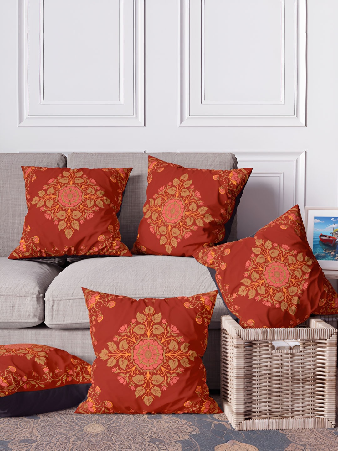 

ANS Rust & Brown 5Pcs Ethnic Motifs Square Cushion Covers