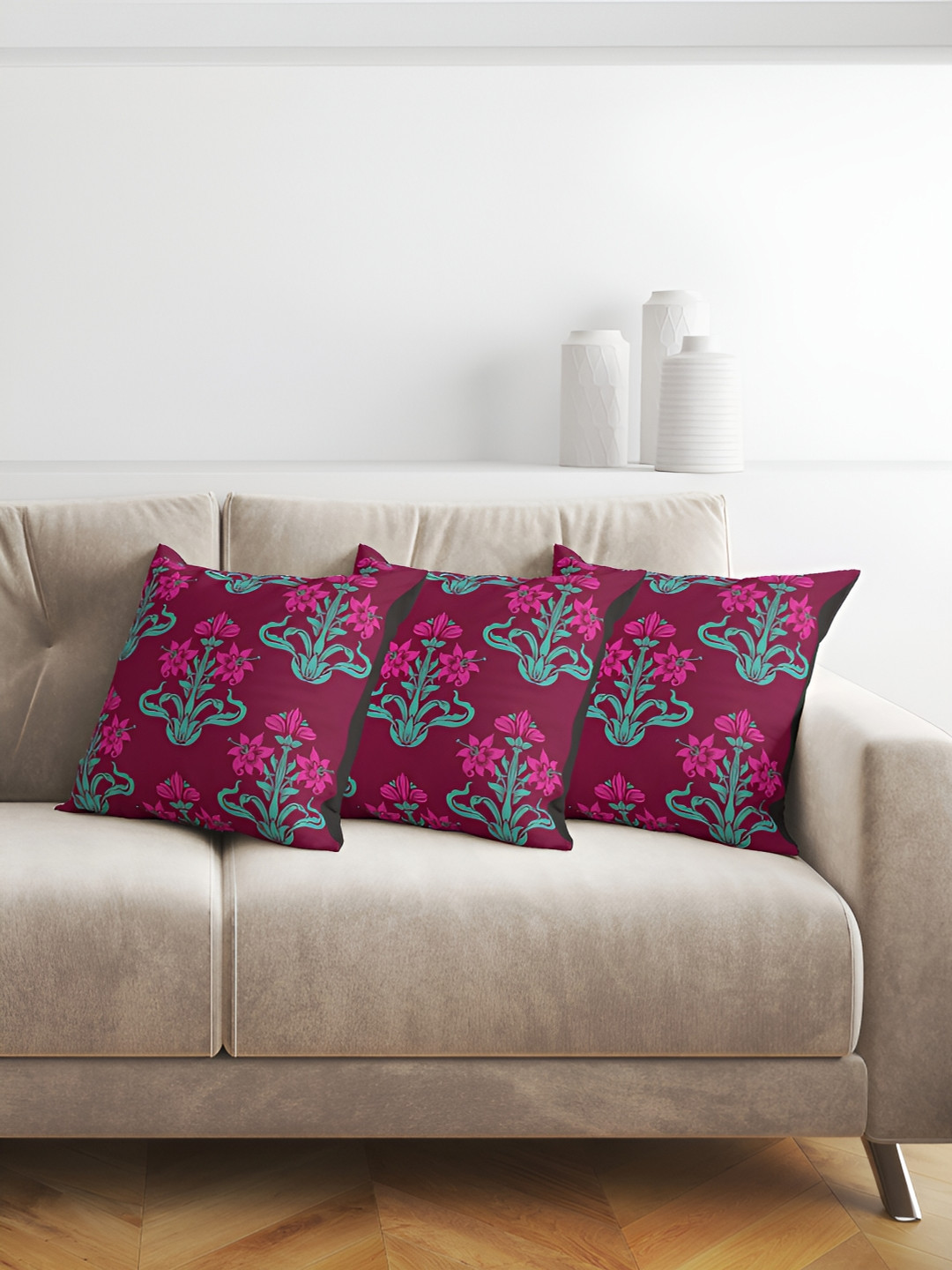 

ANS Maroon & Pink 3Pcs Ethnic Motifs Square Cushion Covers