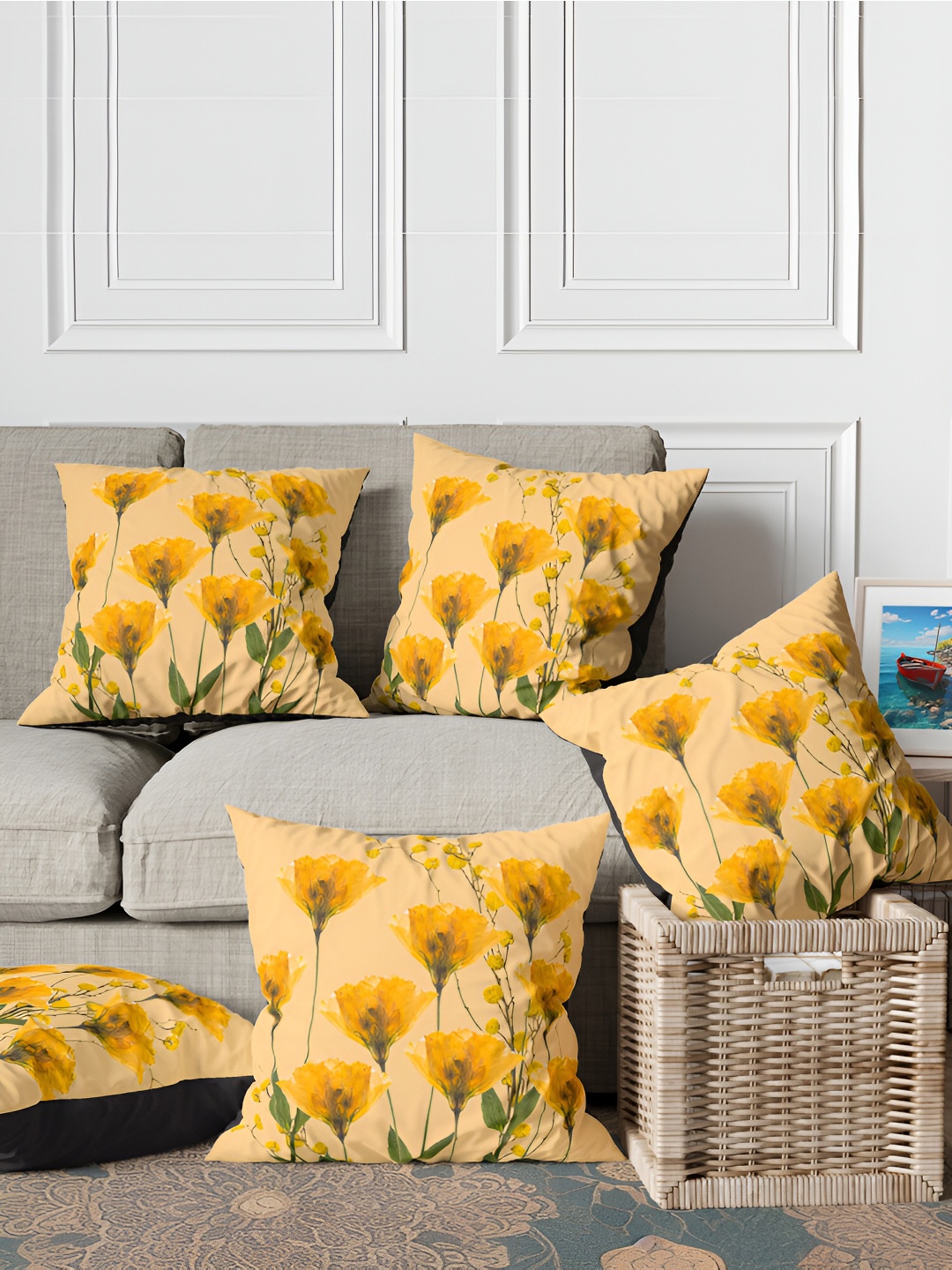 

ANS Yellow & Green 5Pcs Floral Square Cushion Covers