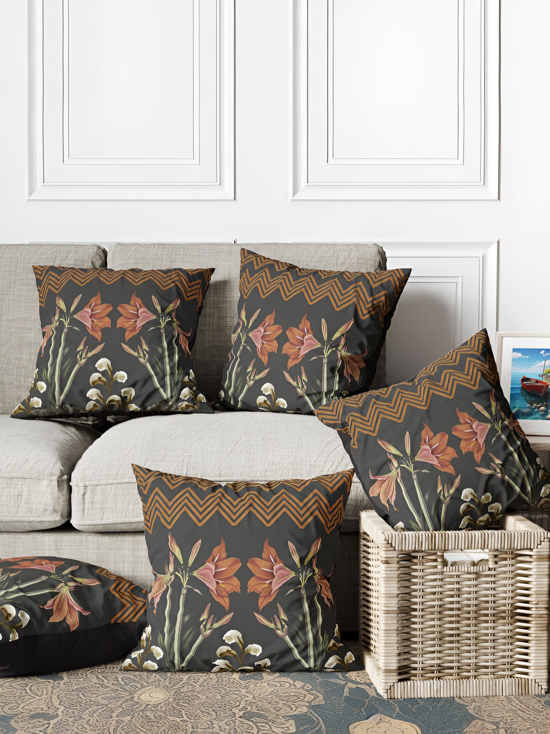 

ANS Charcoal & Green 5Pcs Floral Square Cushion Covers