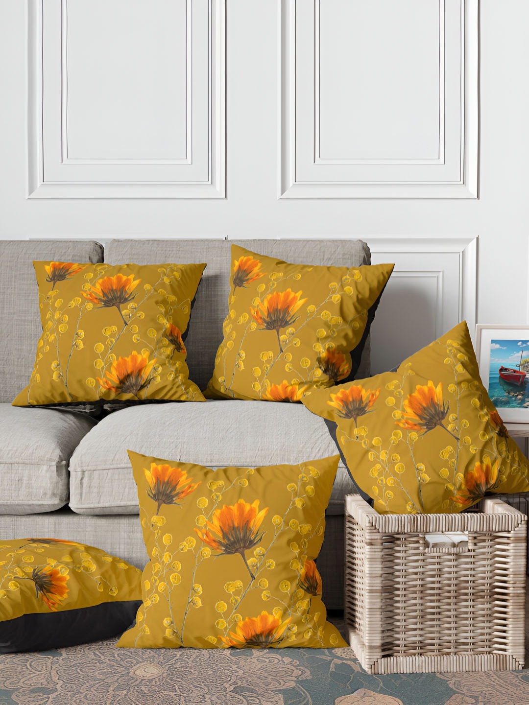 

ANS Mustard & Orange 5Pcs Floral Square Cushion Covers