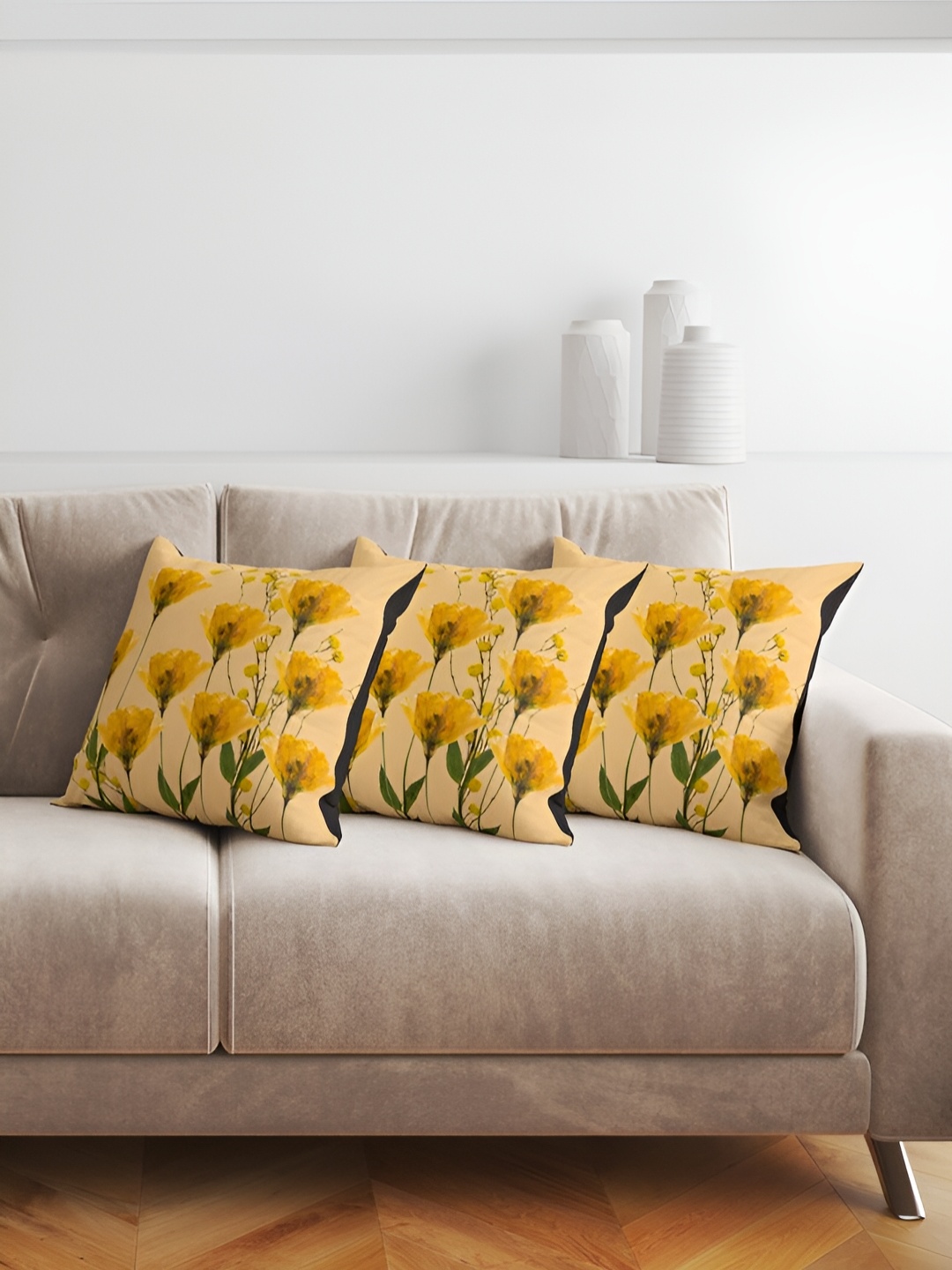 

ANS Yellow & Green 3Pcs Floral Square Cushion Covers
