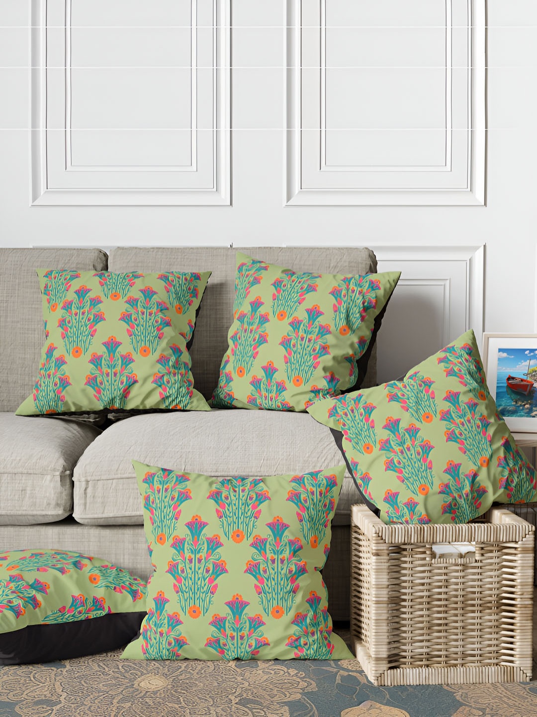 

ANS Green & Orange 5Pcs Ethnic Motifs Square Cushion Covers