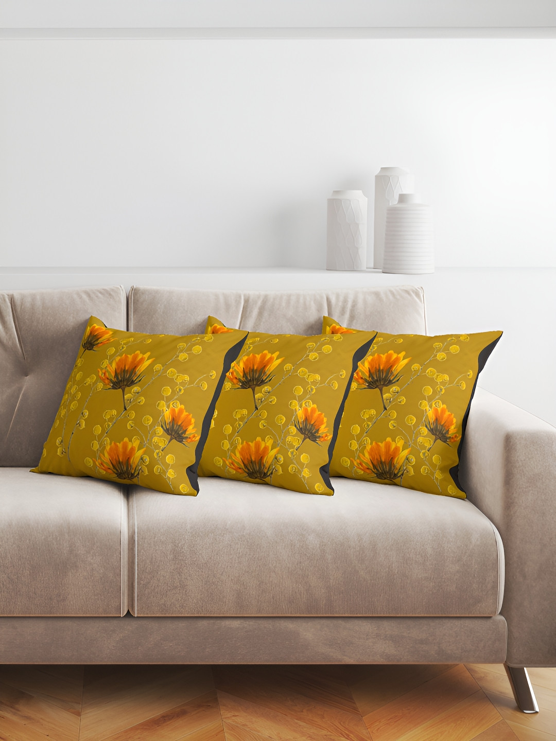 

ANS Mustard & Green 3Pcs Floral Square Cushion Covers