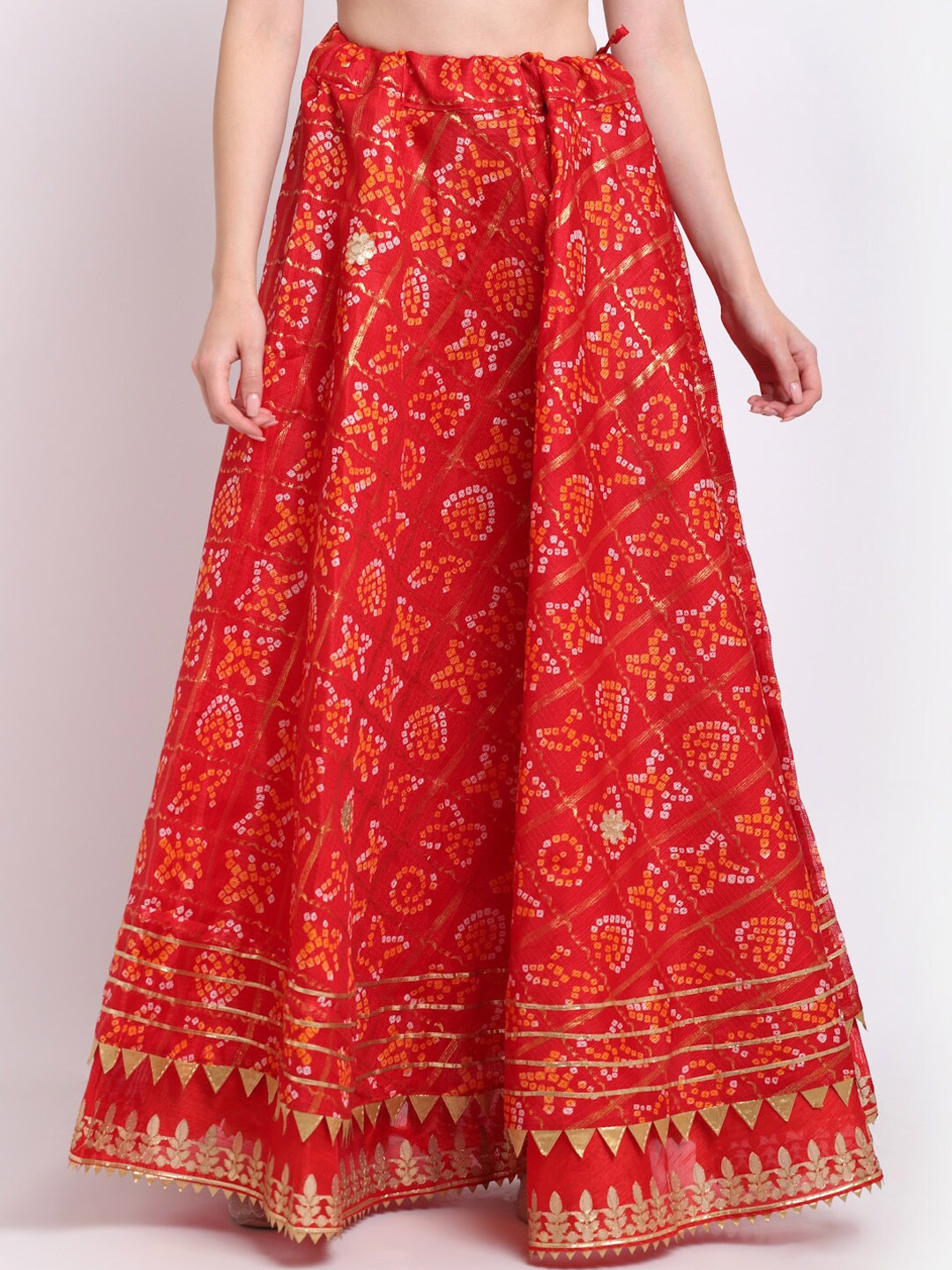 

SOUNDARYA Ethnic Motifs Printed Pure Cotton Gota Patti Flared Maxi Skirt, Red