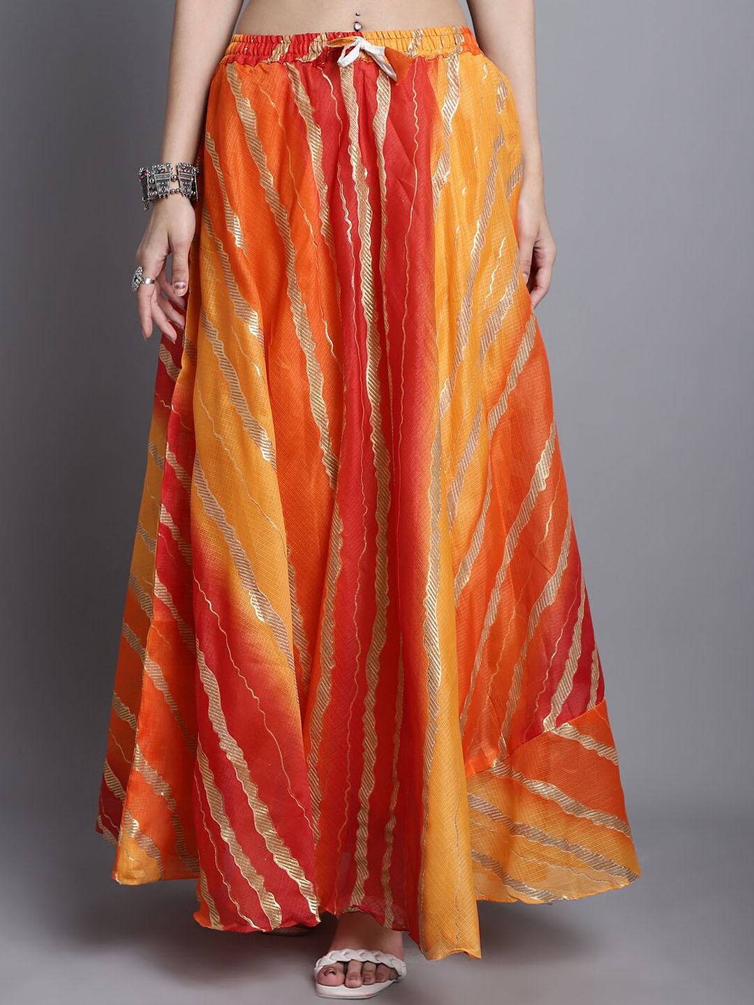 

SOUNDARYA Striped Pure Cotton Flared Maxi Skirt, Orange