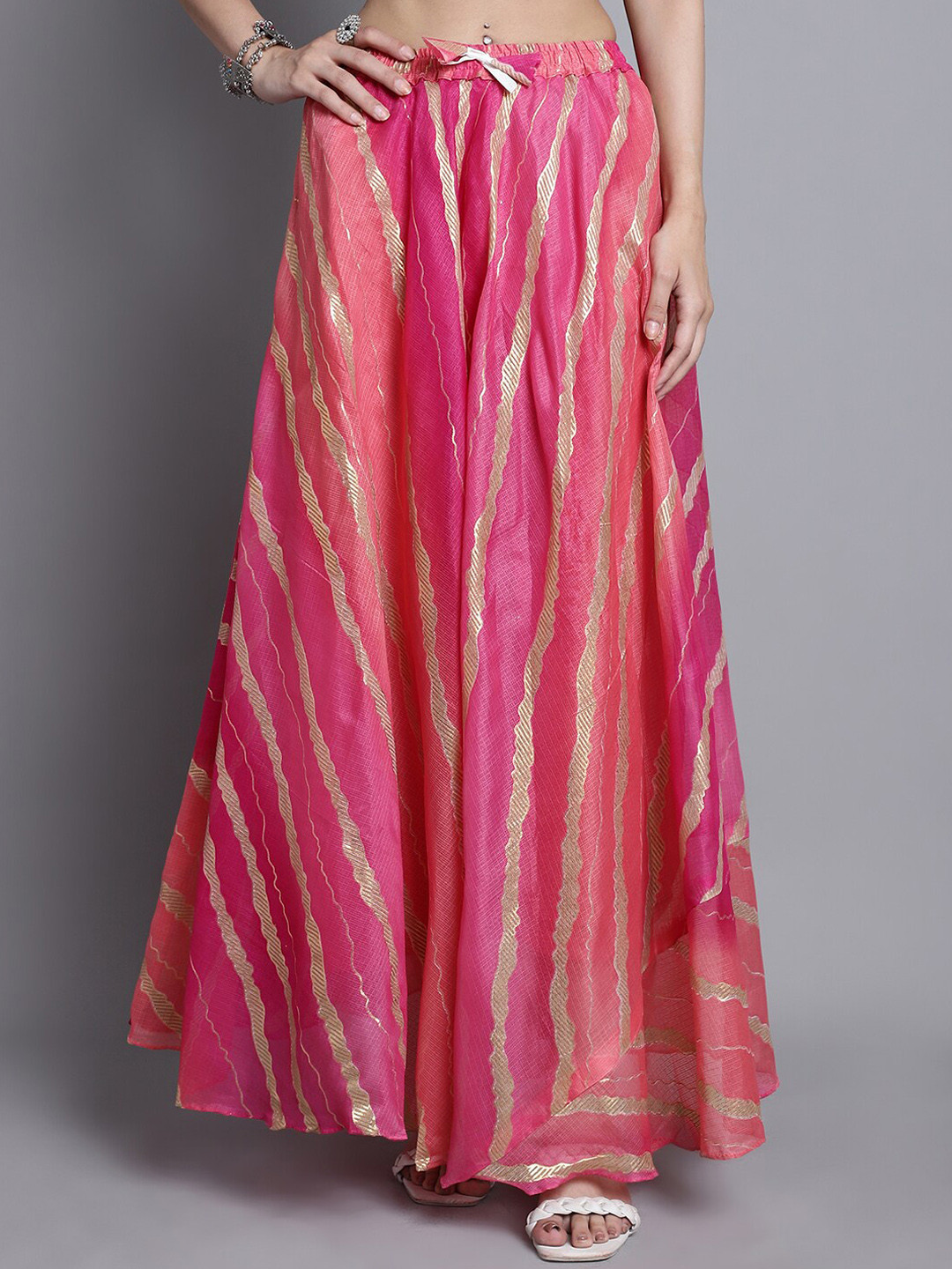 

SOUNDARYA Striped Pure Cotton Flared Maxi Skirt, Magenta