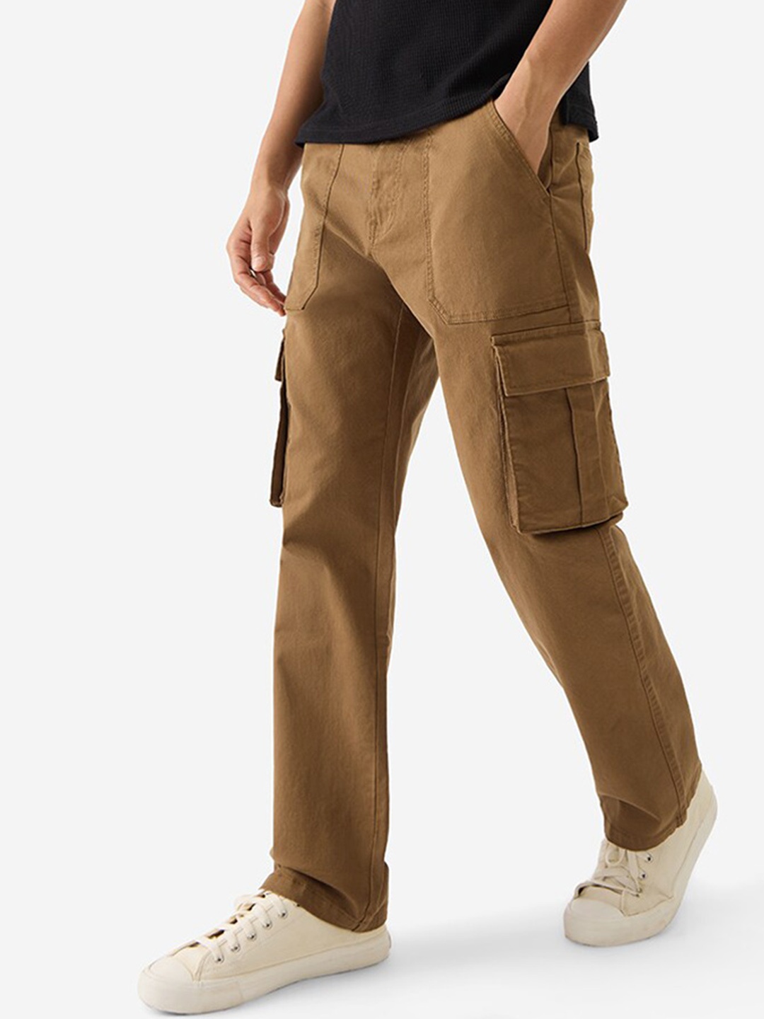 

The Souled Store Men Camel Brown Straight Fit Clean Look Cargo Styles Stretchable Jeans