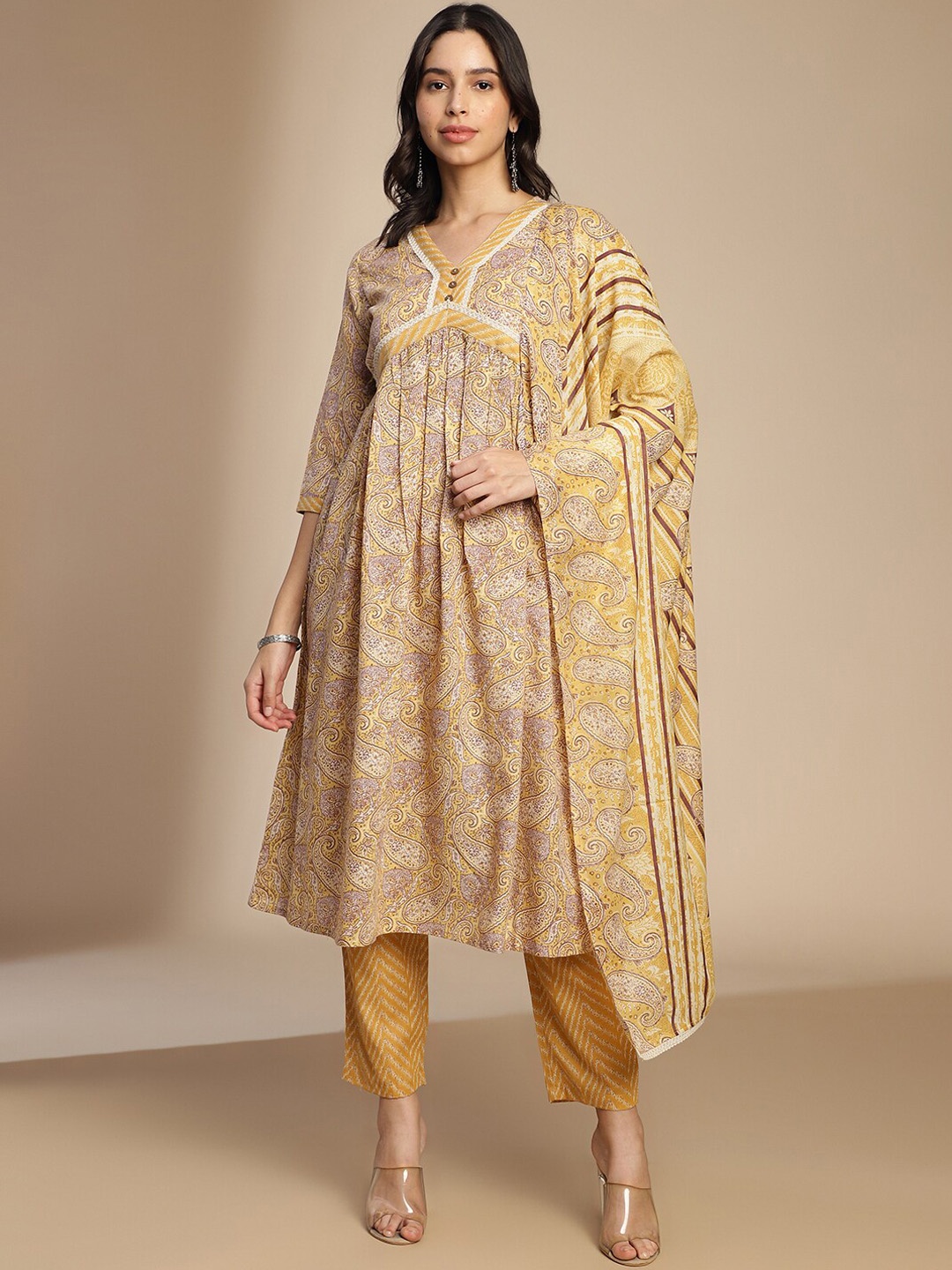 

KALINI Paisley Printed Empire Kurta with Trousers & Dupatta, Yellow