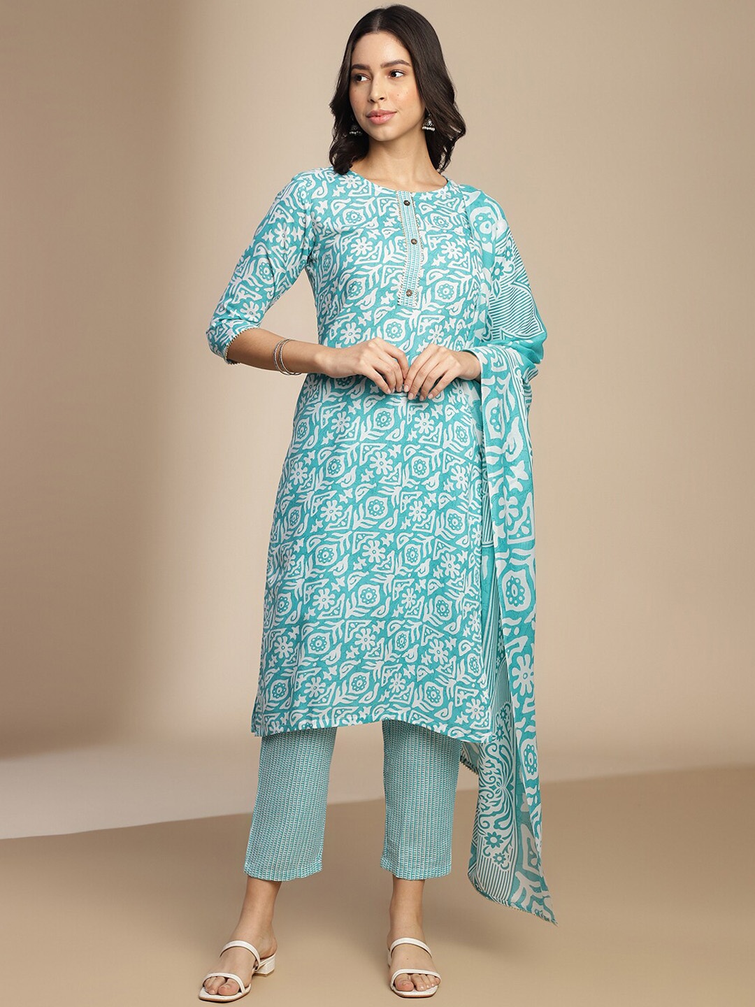 

KALINI Ethnic Motifs Printed Regular Kurta with Trousers With Dupatta, Blue