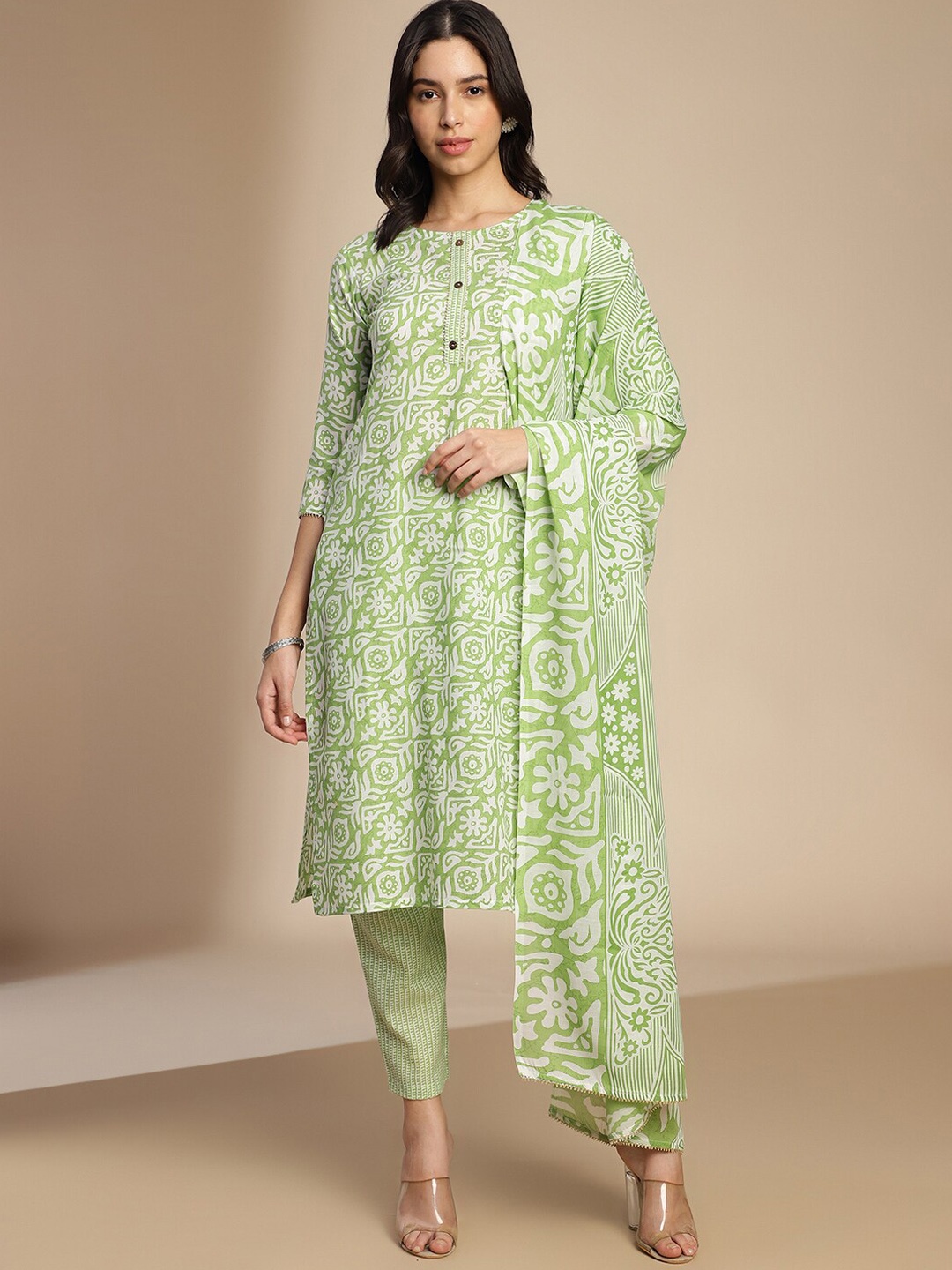 

KALINI Floral Printed Kurta & Trousers With Dupatta, Green