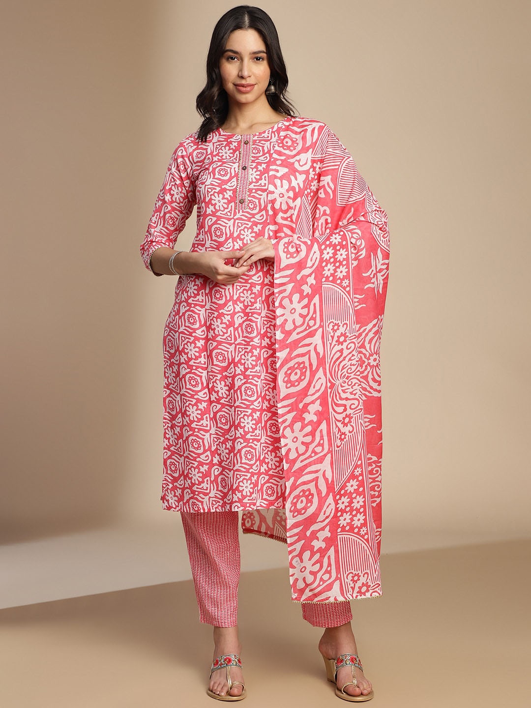 

KALINI Floral Printed Regular Kurta with Trousers With Dupatta, Pink