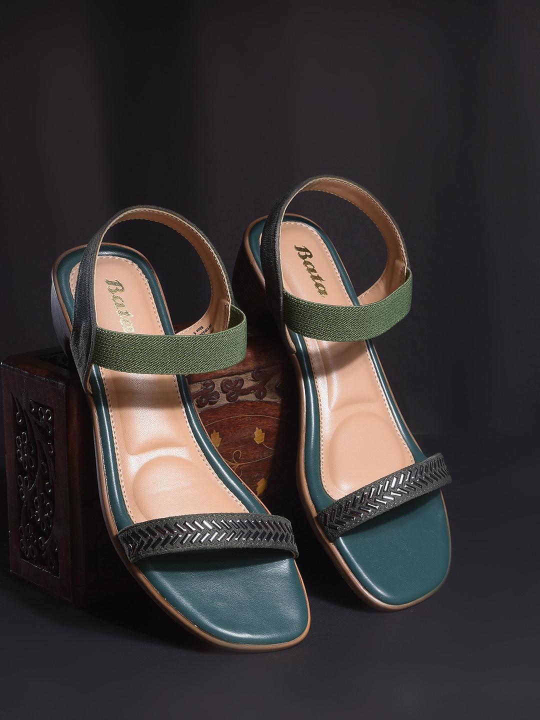 

Bata Open Toe Leather Block Heels, Green