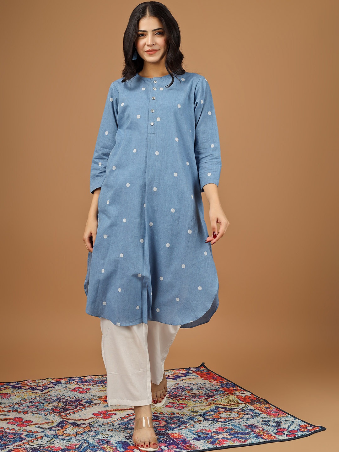 

HUE & HIDE Ethnic Motifs A-Line Pure Cotton Kurta with Trousers, Blue