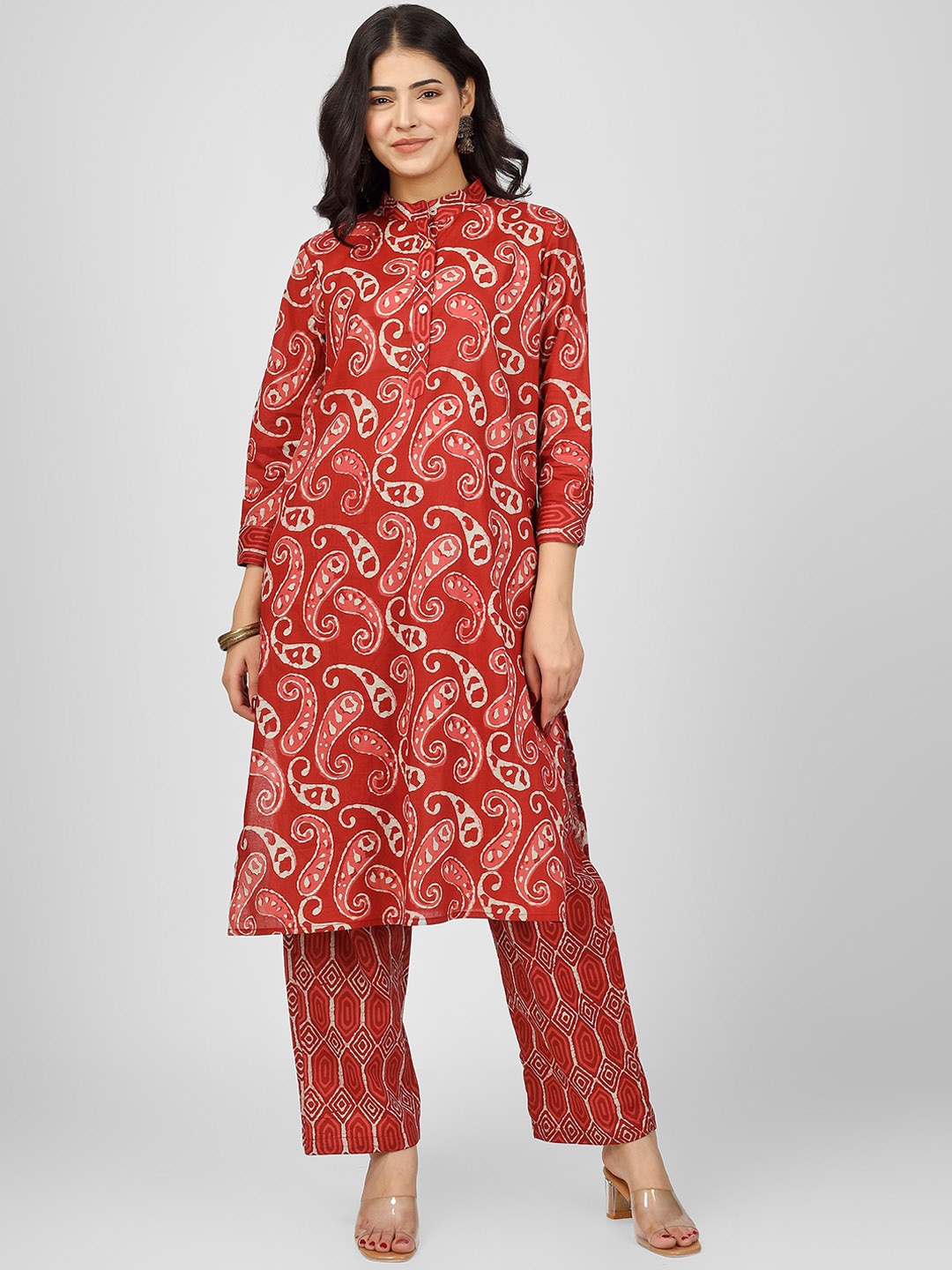 

HUE & HIDE Mandarin Collar Ethnic Motifs Printed Regular Pure Cotton Kurta with Trousers, Red