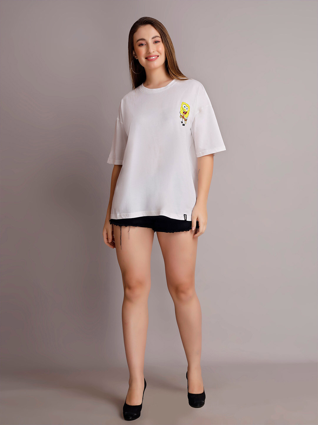 

VISO Sponge Bob Graphic Printed Drop-Shoulder Sleeves Oversized Cotton T-shirt, White