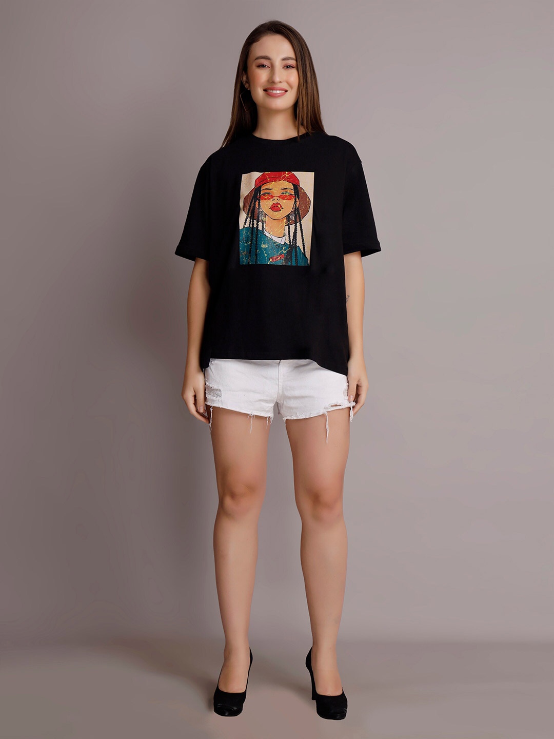 

VISO Graphic Printed Drop-Shoulder Sleeves Oversized Cotton T-shirt, Black