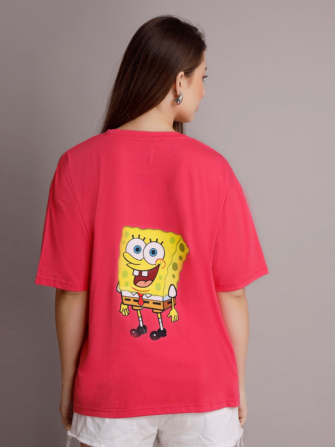

VISO Sponge Bob Graphic Printed Drop-Shoulder Sleeves Oversized Cotton T-shirt, Pink
