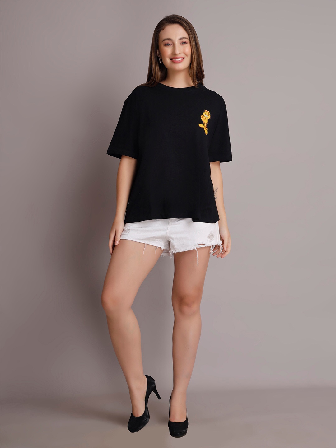 

VISO Garfield Cat Graphic Printed Drop-Shoulder Sleeves Oversized Cotton T-shirt, Black
