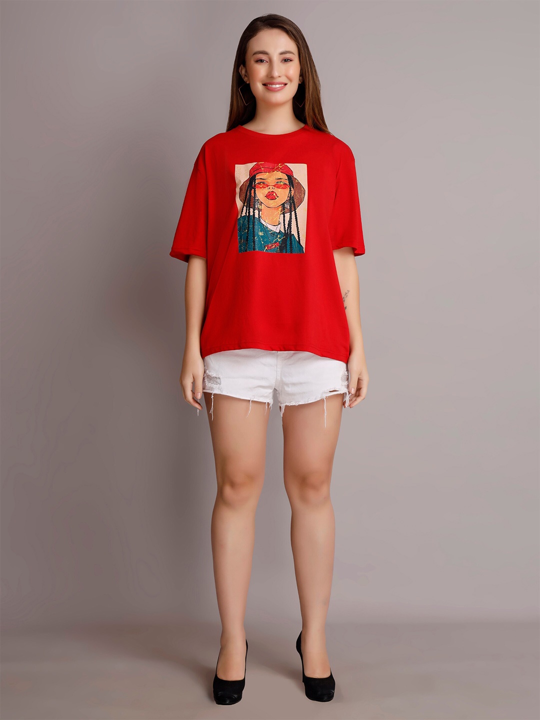 

VISO Graphic Printed Drop-Shoulder Sleeves Oversized Cotton T-shirt, Red