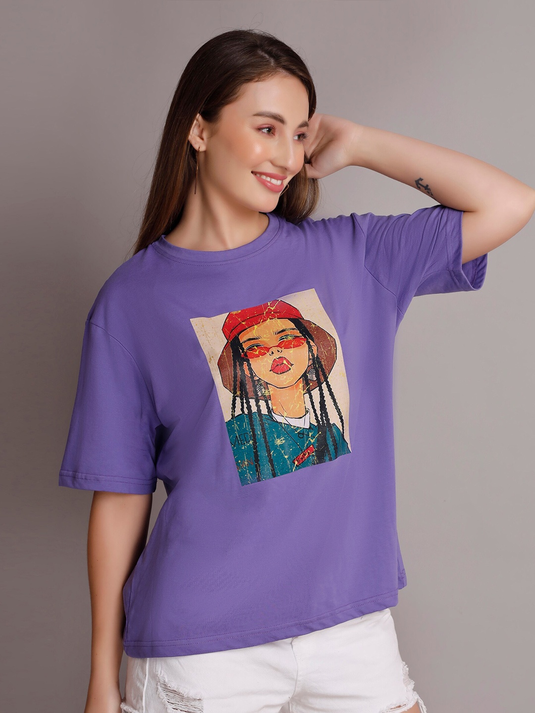 

VISO Graphic Printed Drop-Shoulder Sleeves Oversized Cotton T-shirt, Purple