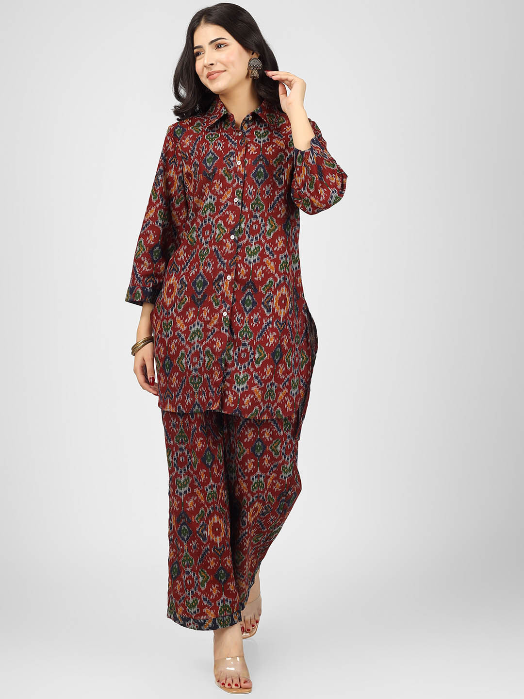 

HUE & HIDE Printed Pure Cotton Tunic With Palazzo, Maroon