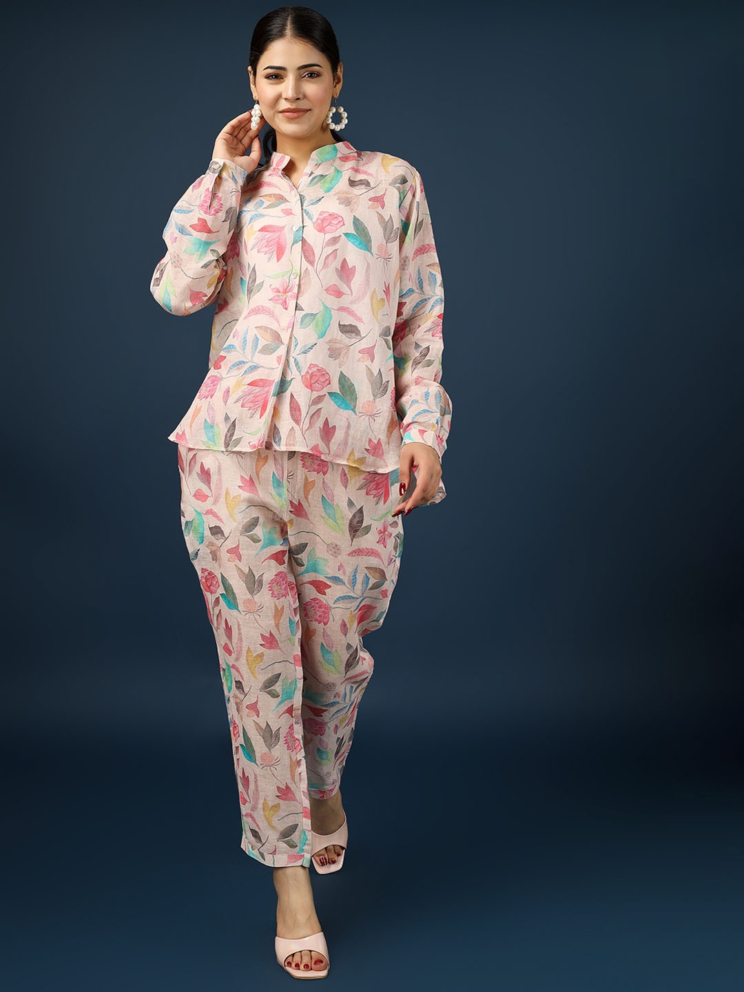 

HUE & HIDE Floral Printed Mandarin Collar Linen Shirt With Trouser, Rose