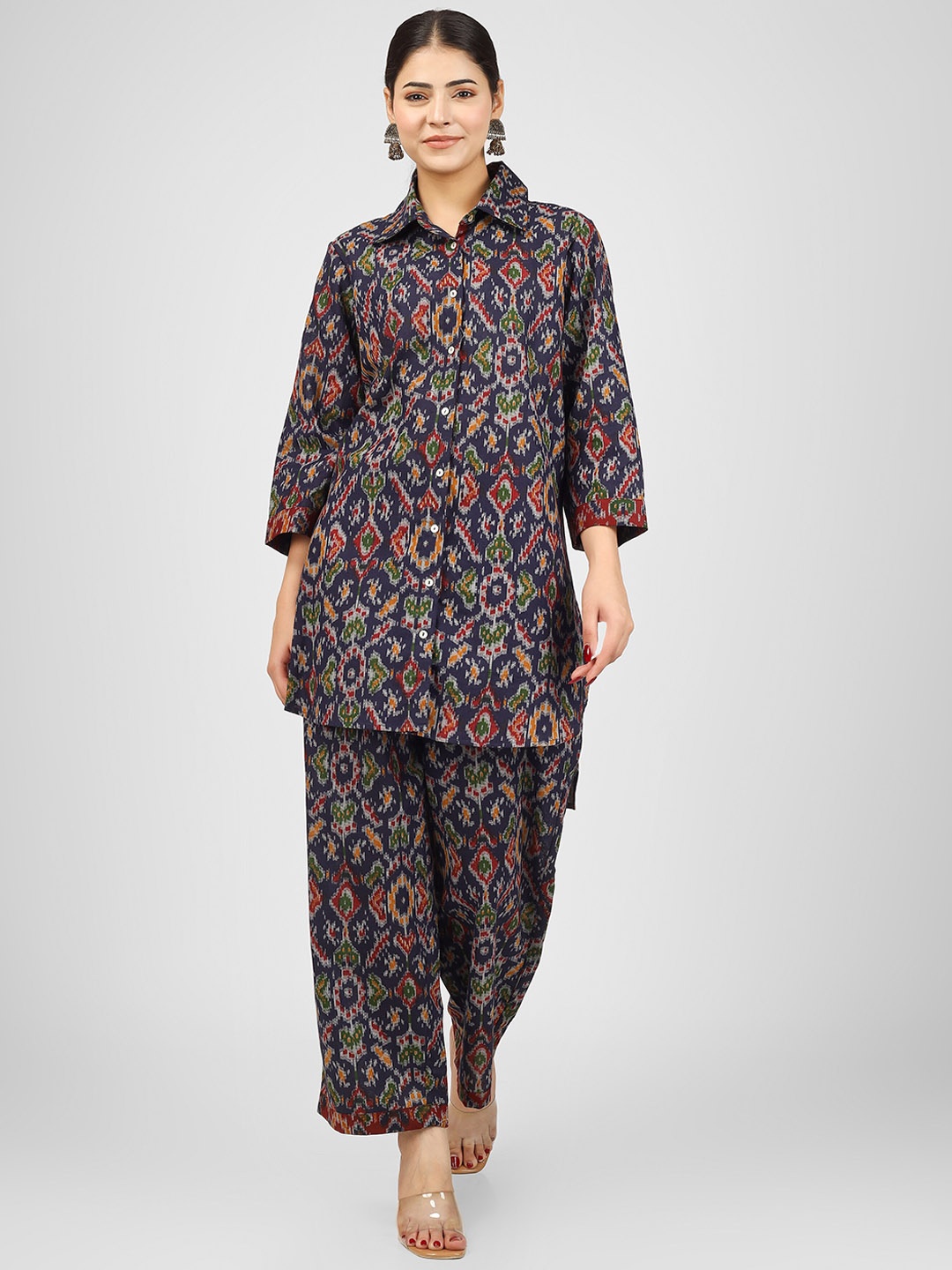 

HUE & HIDE Printed Pure Cotton Tunic With Palazzo, Navy blue
