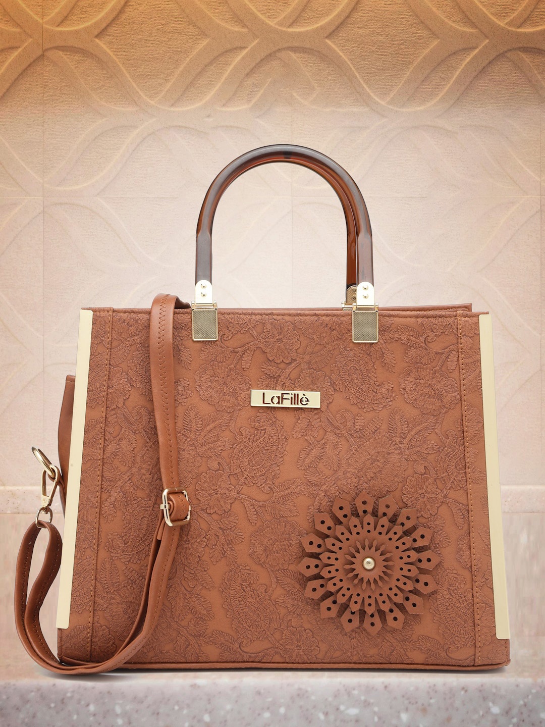 

LaFille Floral Self Design Structured Handheld Bag, Tan