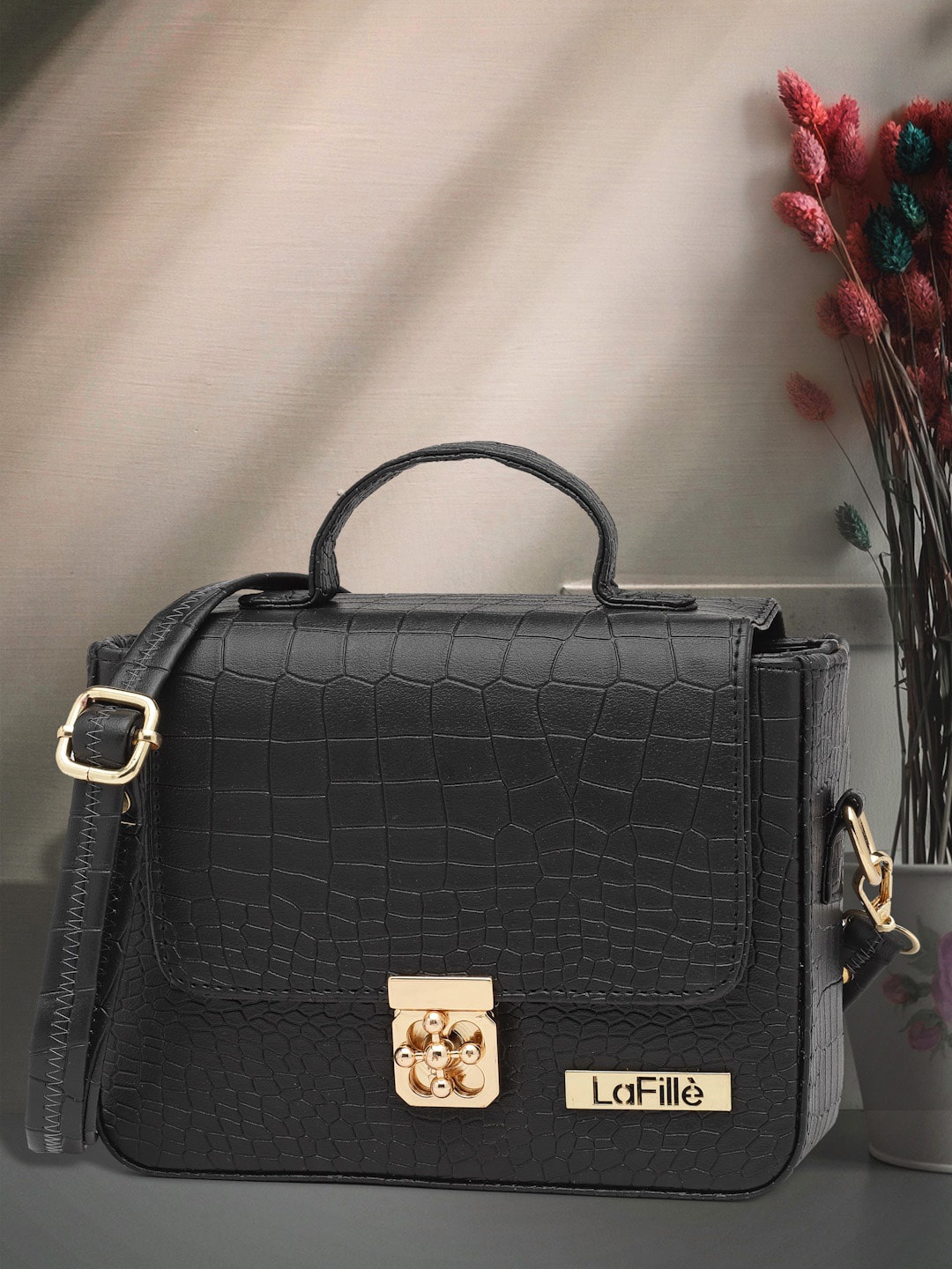 

LaFille Animal Textured PU Structured Satchel Bag, Black