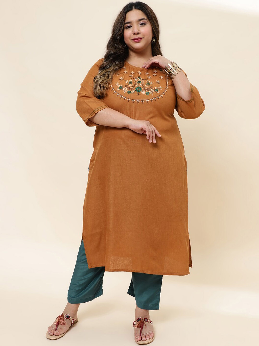 

Sringam Plus Size Floral Yoke Design Thread Work Cotton Silk Straight Kurta, Brown