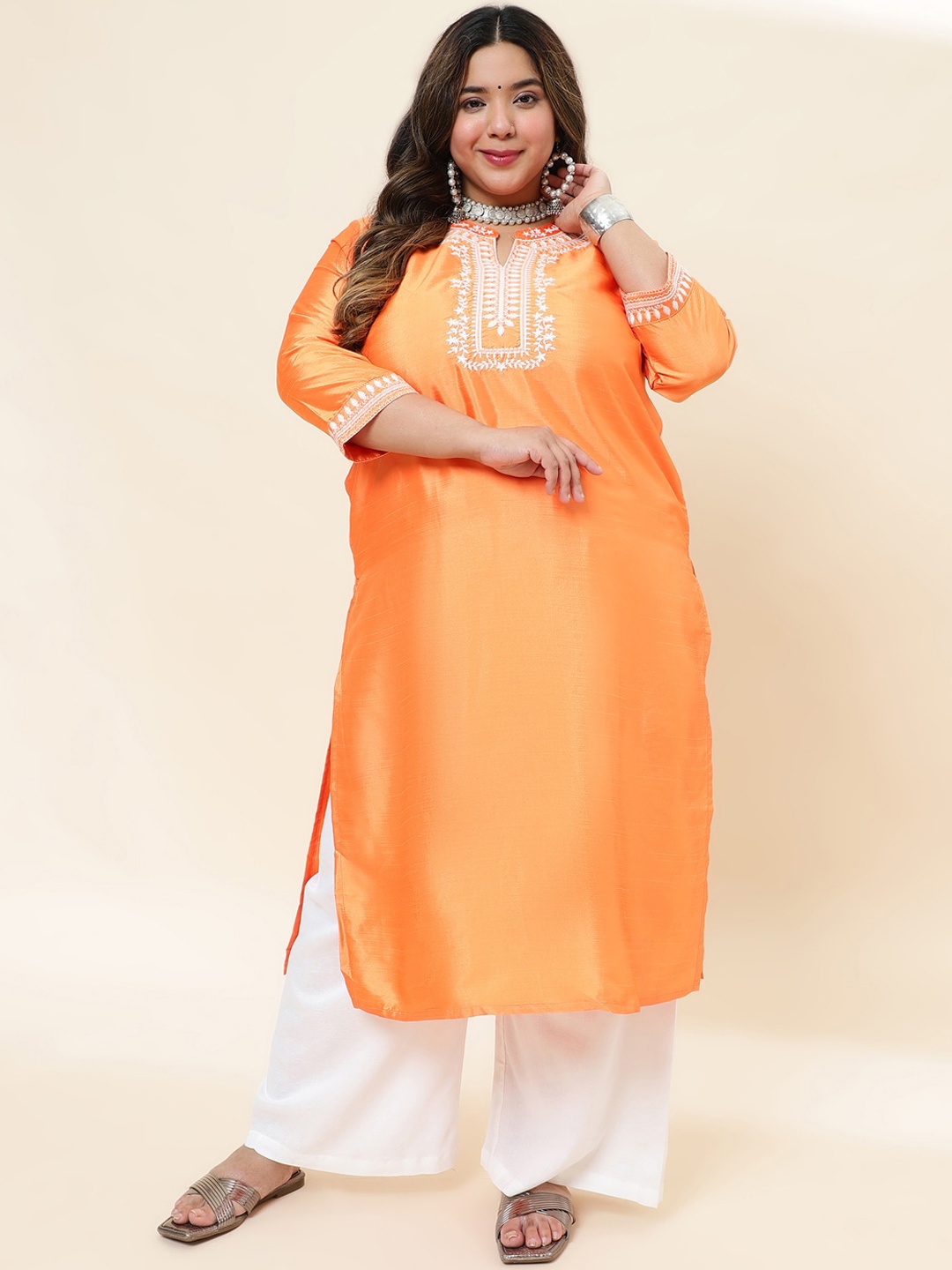 

Sringam Plus Size Floral Yoke Design Straight Kurta, Orange