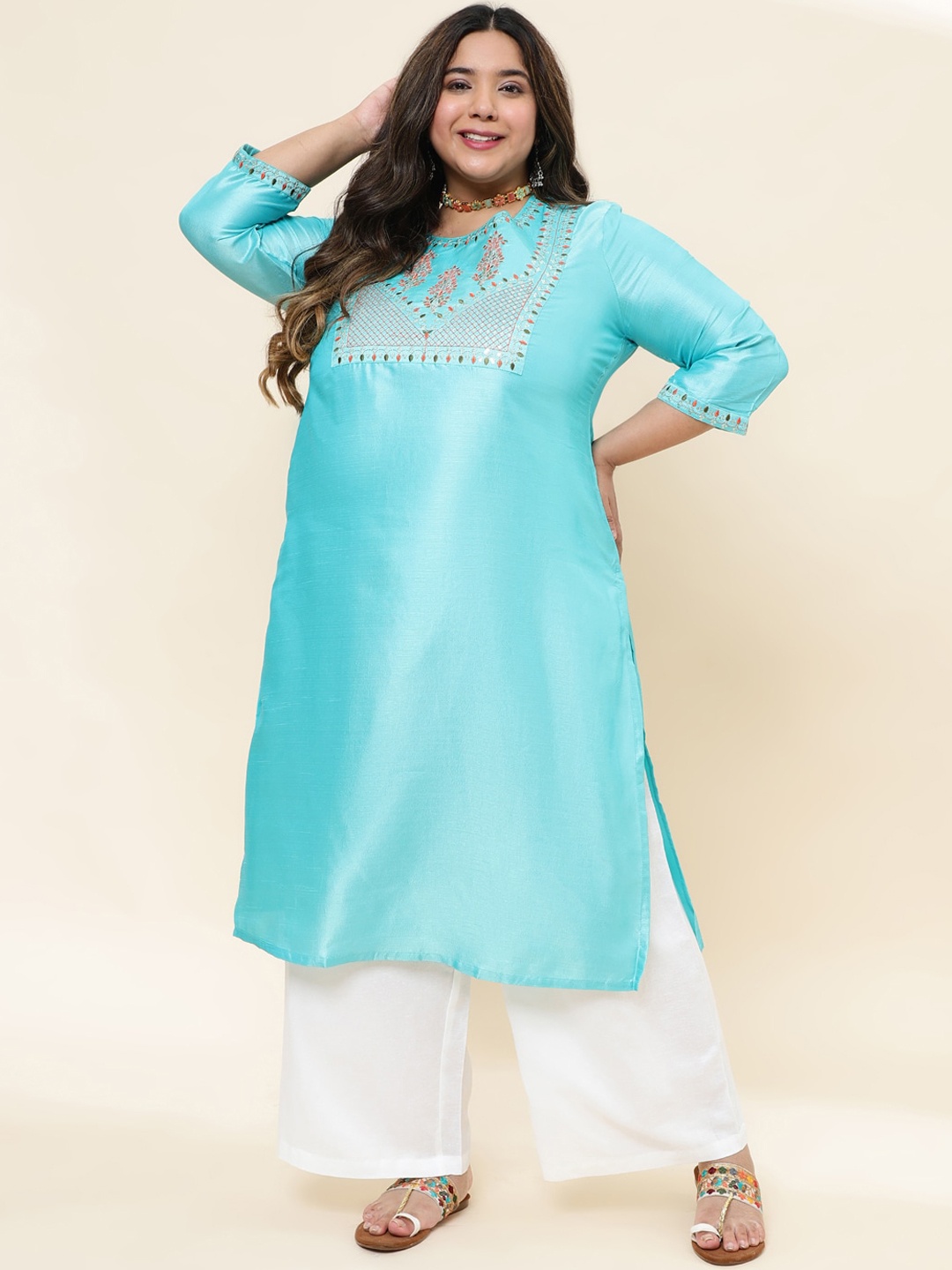 Sringam Plus Size Ethnic Motifs Yoke Design Thread Work Cotton Silk Kurta, Green