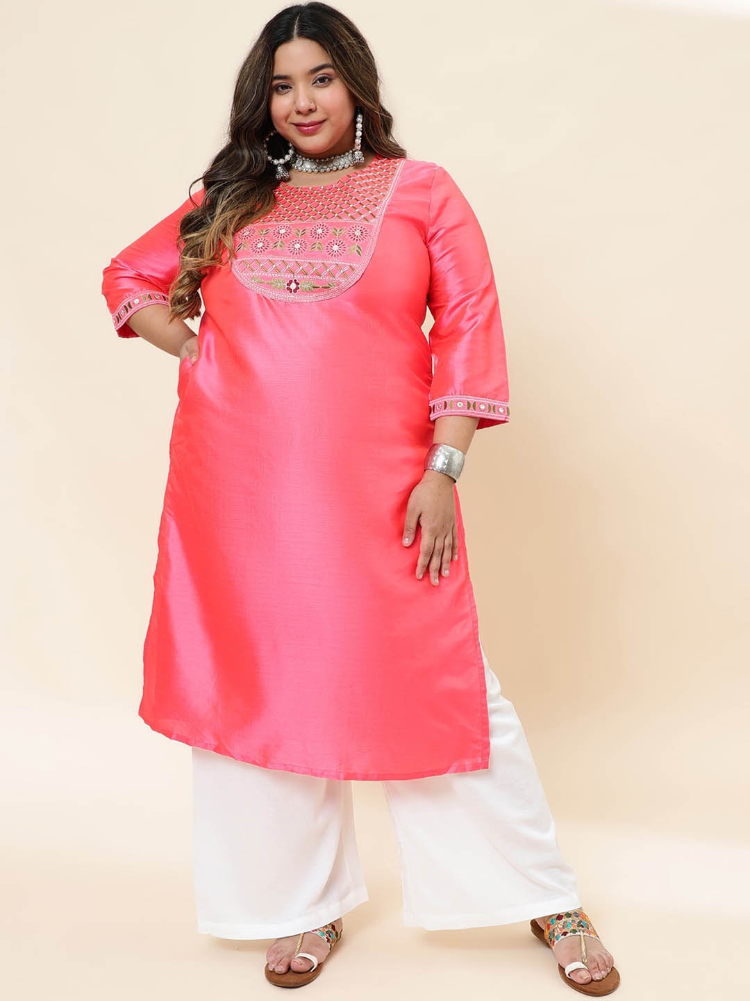 

Sringam Plus Size Ethnic Motifs Yoke Design Cotton Silk Straight Kurta, Pink