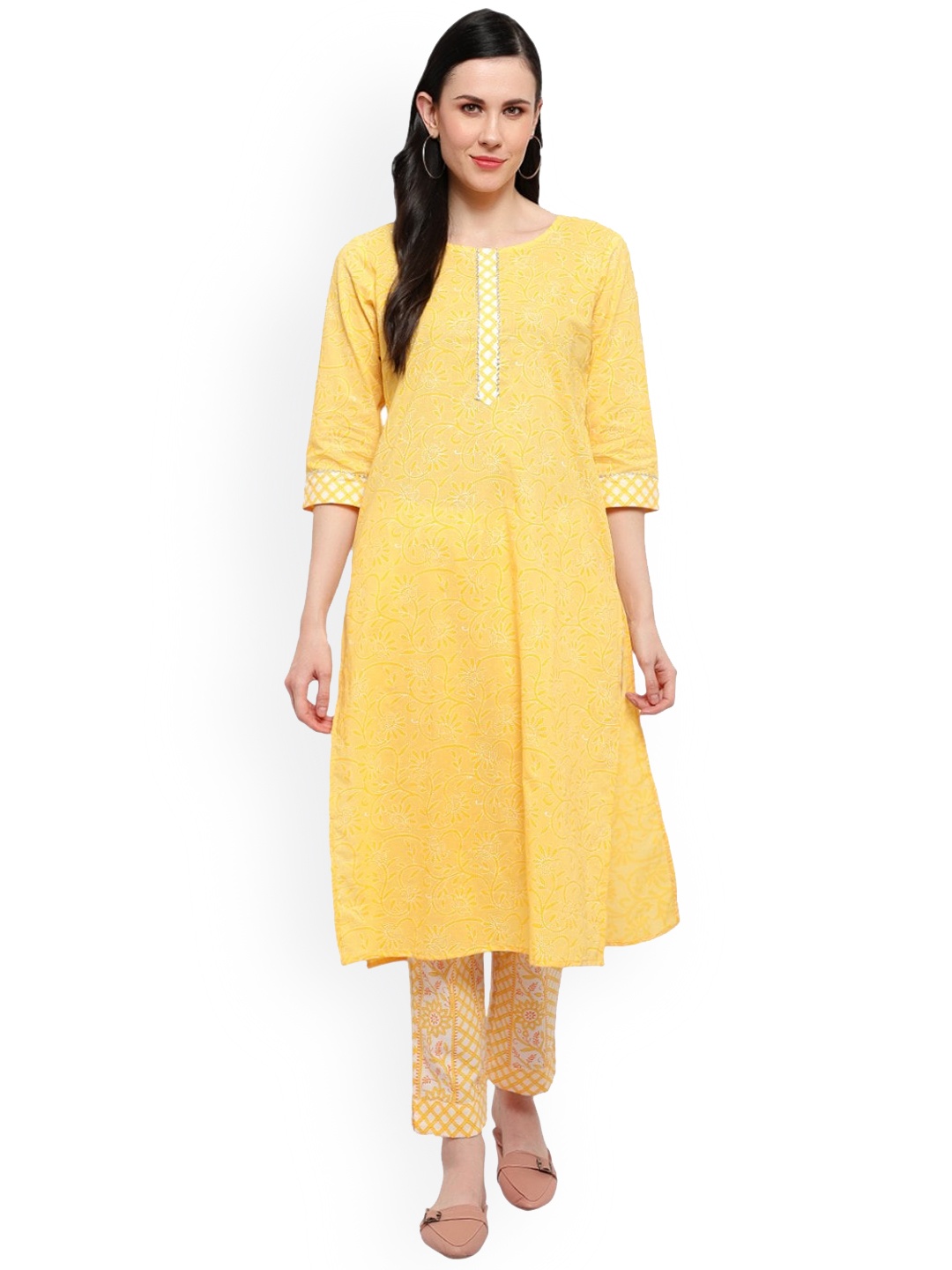 

Alakh Creation Floral Printed Regular Gotta Patti Pure Cotton A-Line Kurta With Trouser, Yellow